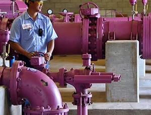 A Veolia employee is pictured standing by water infrastructure